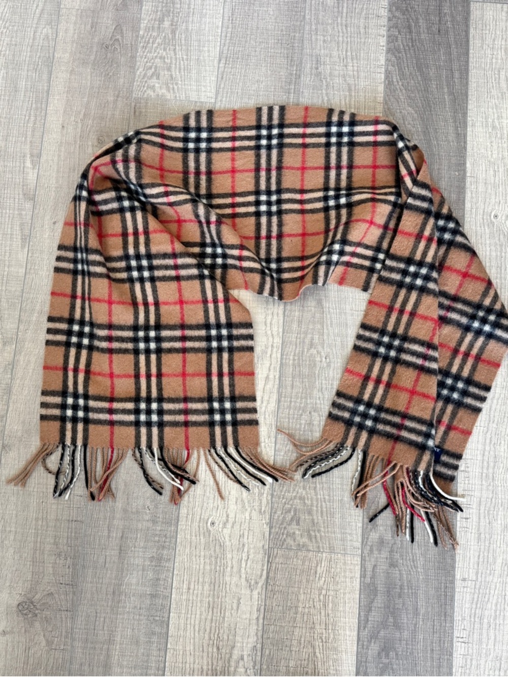 Burberry Classic Plaid Fringe Scarf in Camel, Black & Red